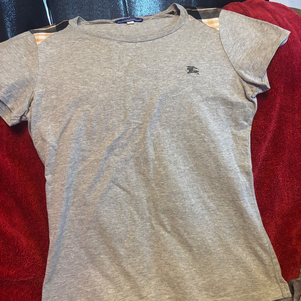 Burberry Gray Short Sleeve Tee with Check Trim